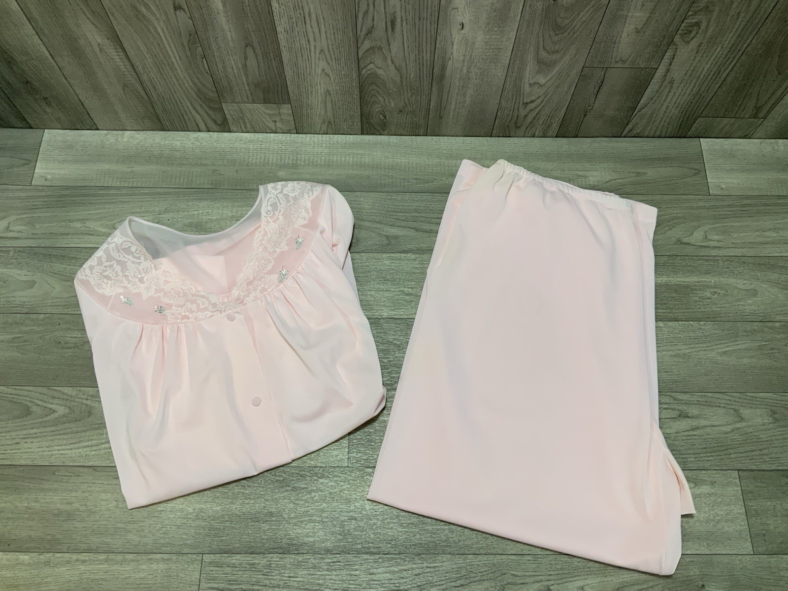Vintage Shadowline Pink 3 Piece Set Nightgown/Pants/robe House Coat Size 44 Larg