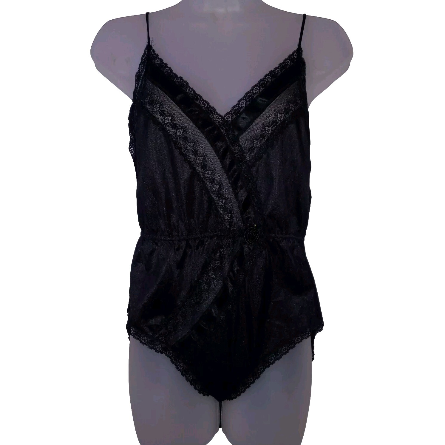 Vintage 80s Flair Black Nylon Satin Lace Teddy Snap Crotch Lingerie M