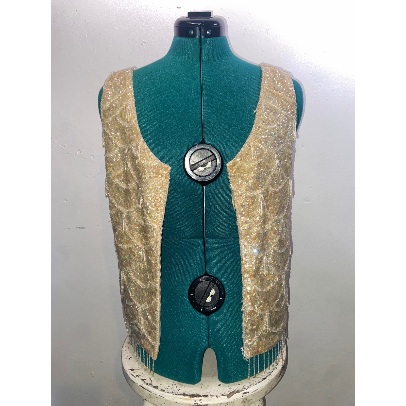 Authentic Vintage 1960s Hand Beaded Iridescent Scalloped Tank with Beaded Fringe