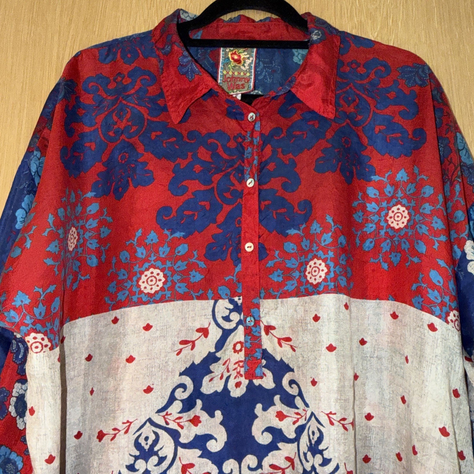 Johnny Was Silk Frame Tunic Multicolor Patchwork Boho Blouse oversized S