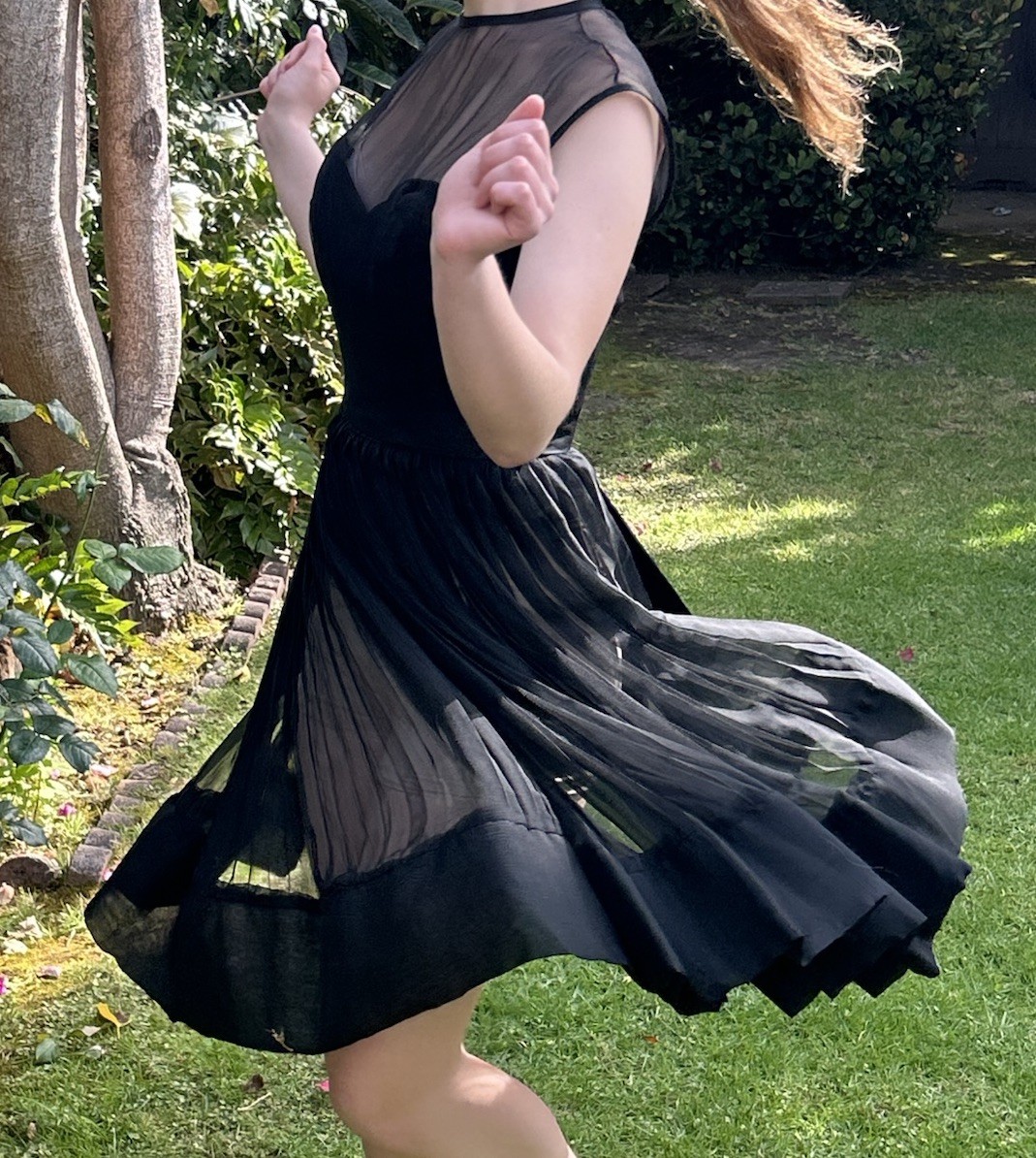Vintage 50s M Silk Chiffon Sheer Pleated Evening Dress Sexy Full Circle