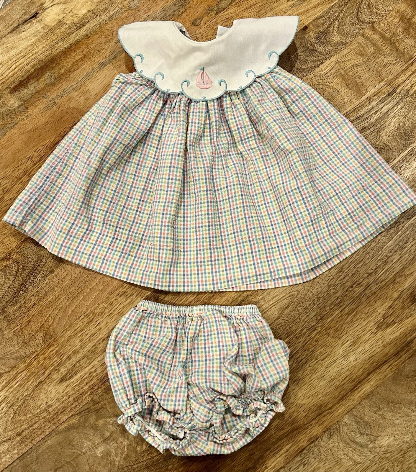 Vintage Alexis 6M Plaid Baby Dress Set Sailboat Collar Bloomer Easter Spring