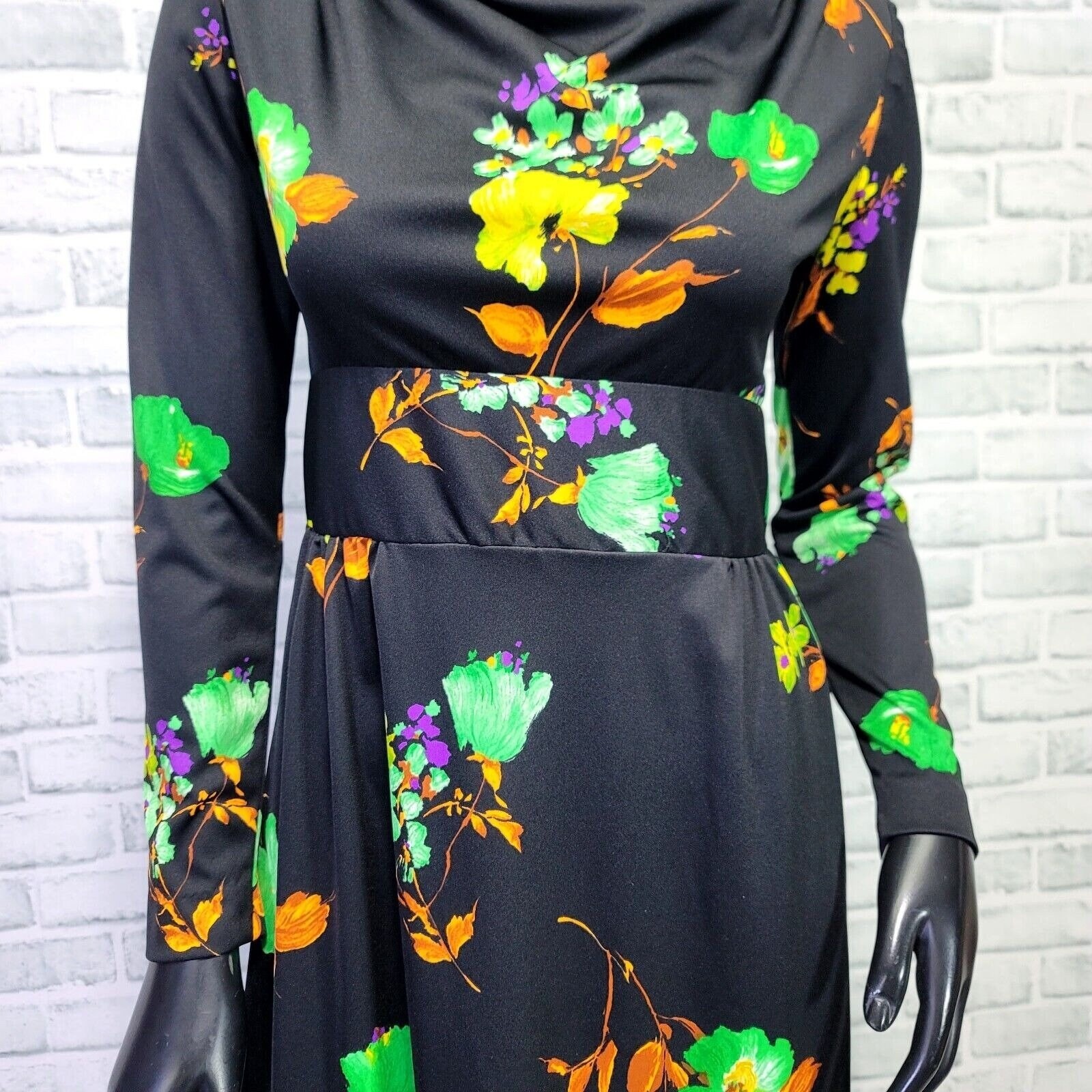Vintage 70s Black Floral Maxi Dress S Cowl Neck Long Sleeve Mod Boho Glam