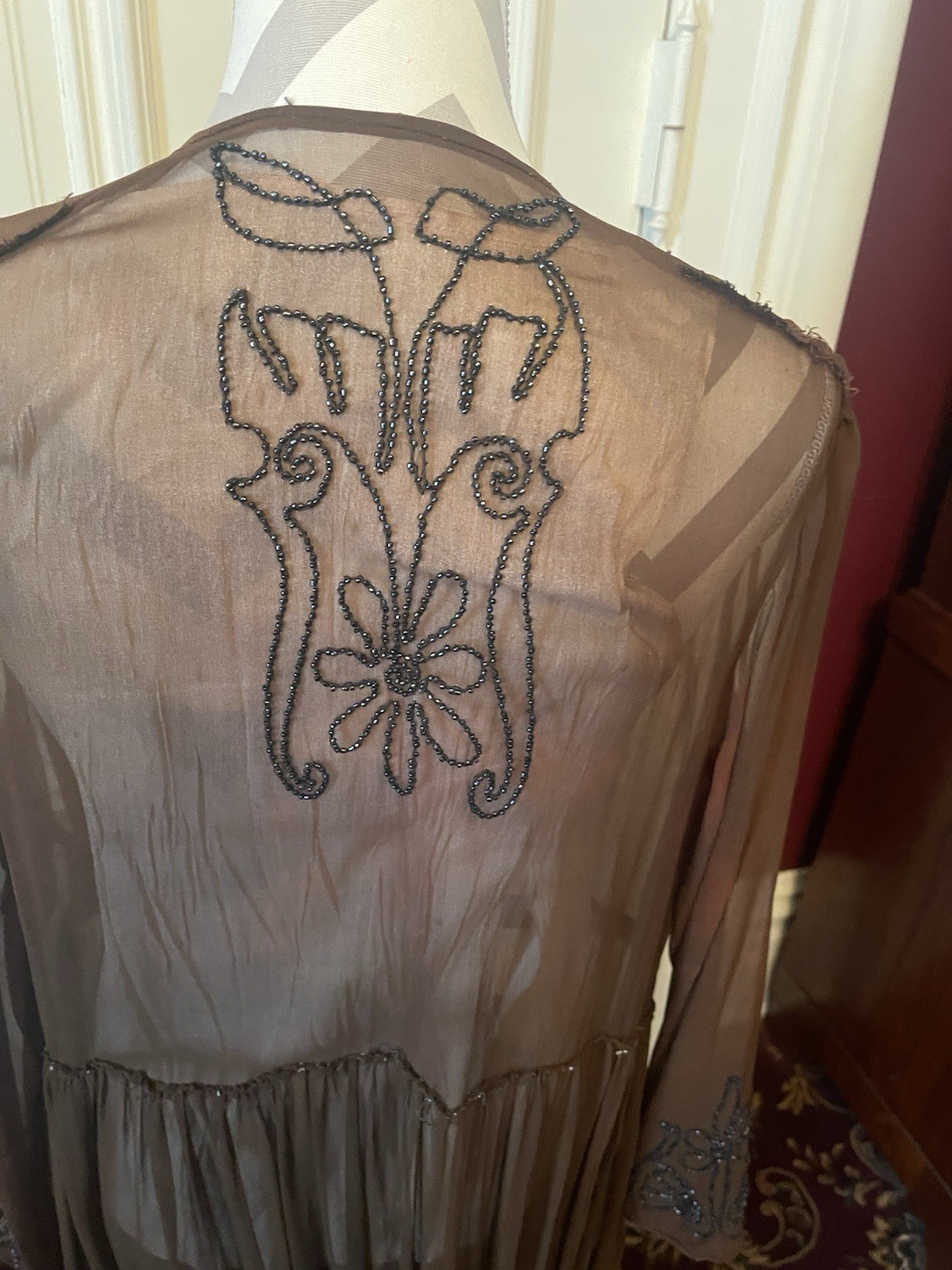 Antique 1920s Brown Chiffon Crepe Flapper Dress Art Deco Black Beading
