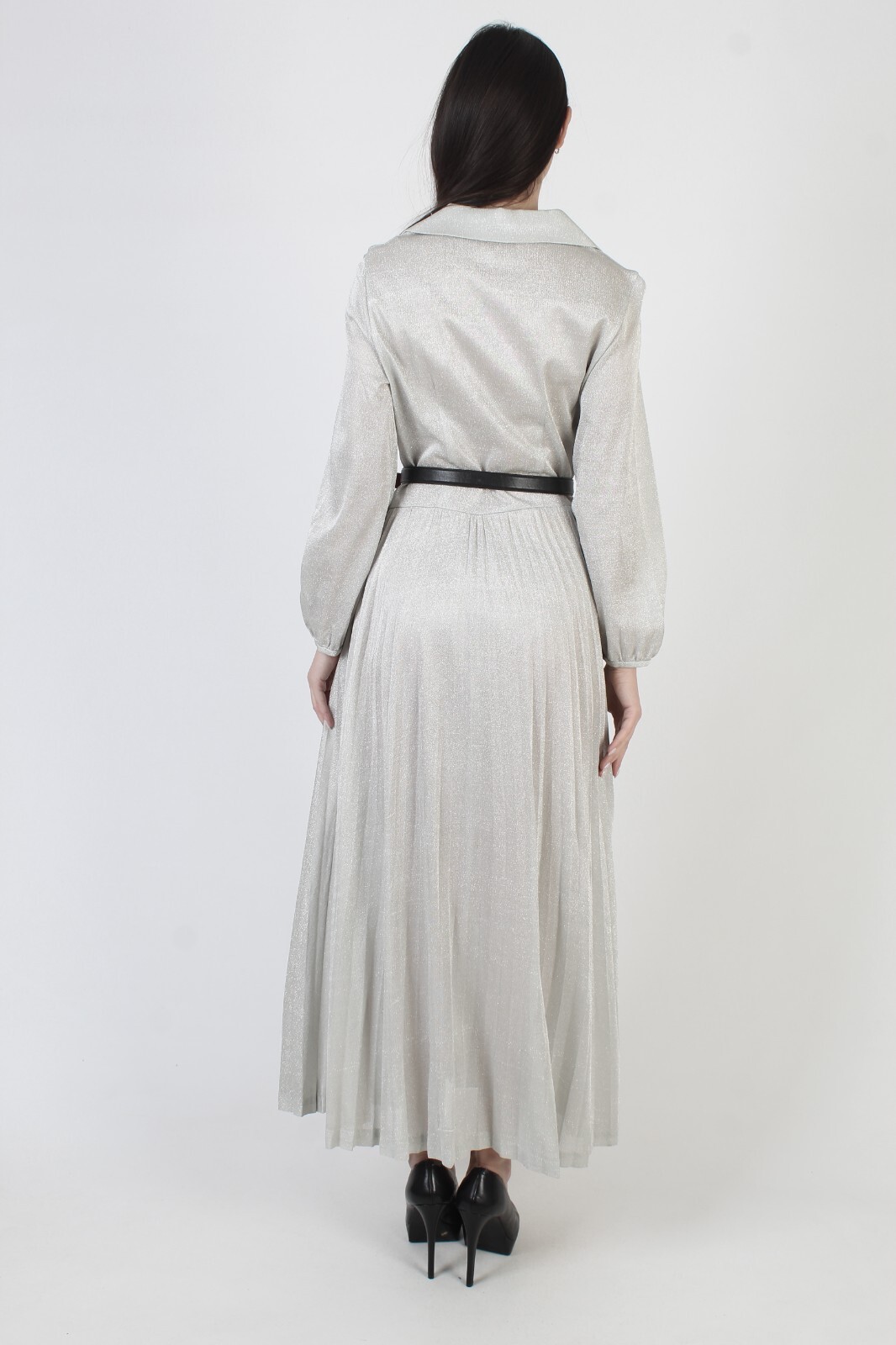 Vintage Silver Metallic Dress Dagger Butterfly Collar Long Cocktail Pockets Maxi