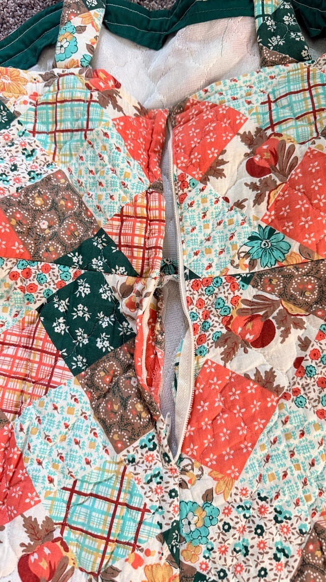 Vintage Handmade Patchwork Prairie Dress Pockets Snap Straps Cottagecore