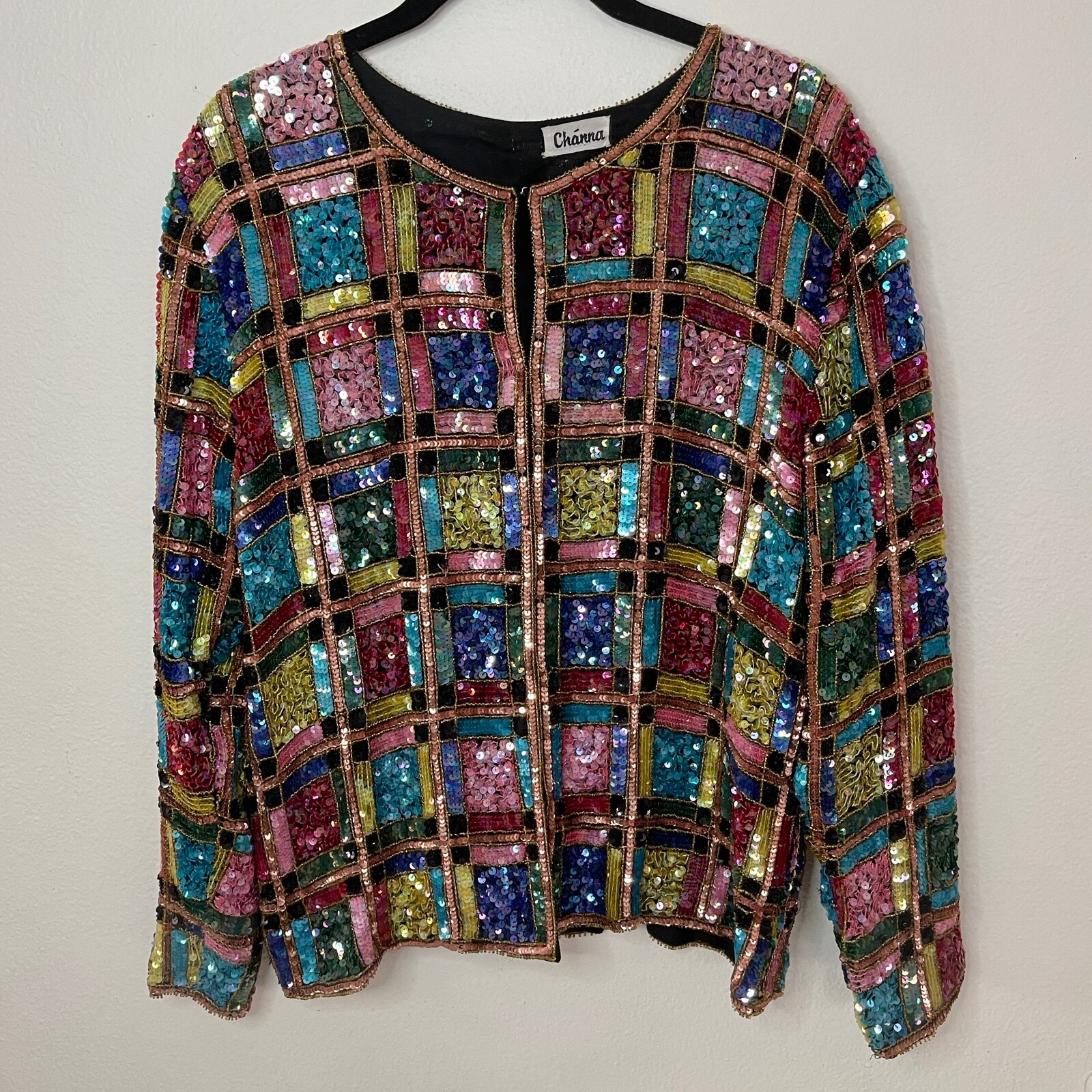 Channa Evening Jacket Sequin Embellished Silk Color Block Party Top VTG 80s M