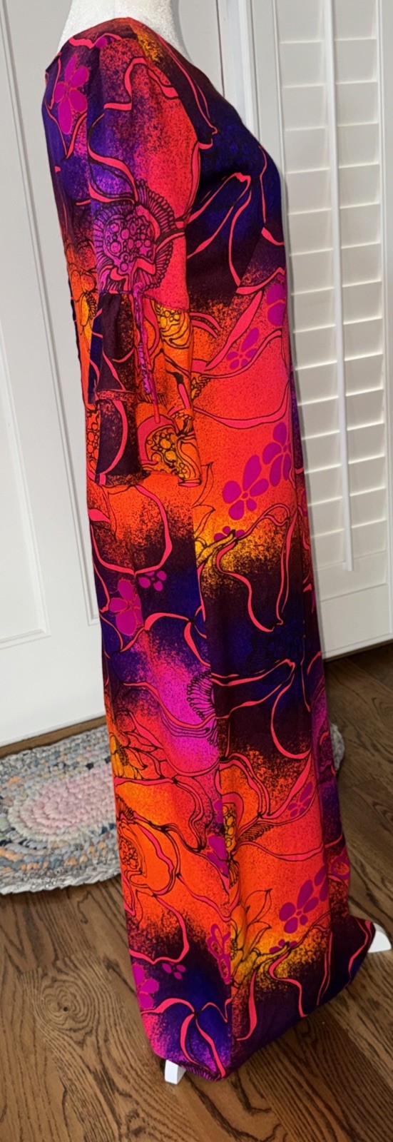 Vintage Sears Hawaiian Fashions Orange Purple Blue Barkcloth Maxi Dress 36” Bust