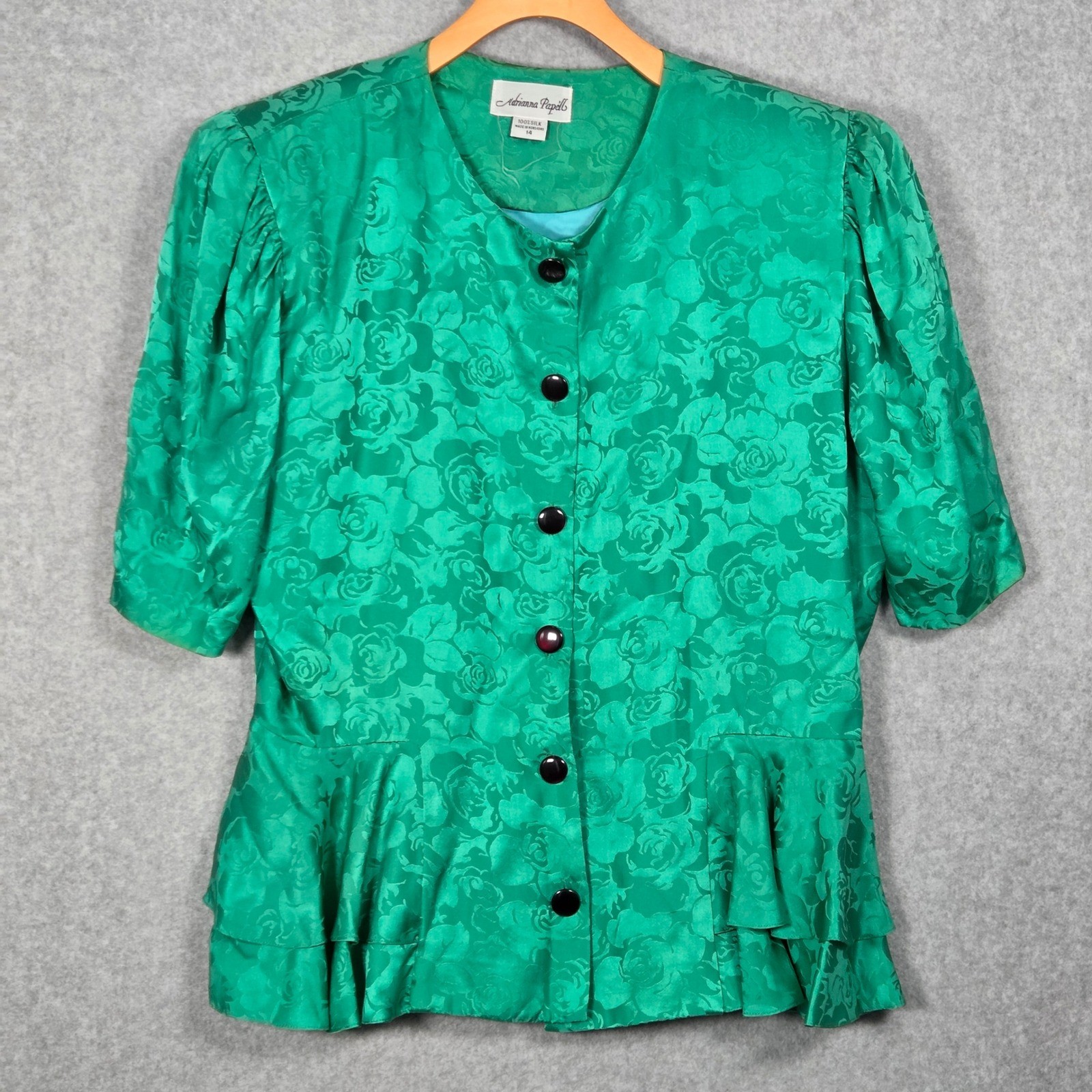 Vintage 80s Adrianna Papell Women 14 Silk Peplum Blouse Green Top Shoulder Pad
