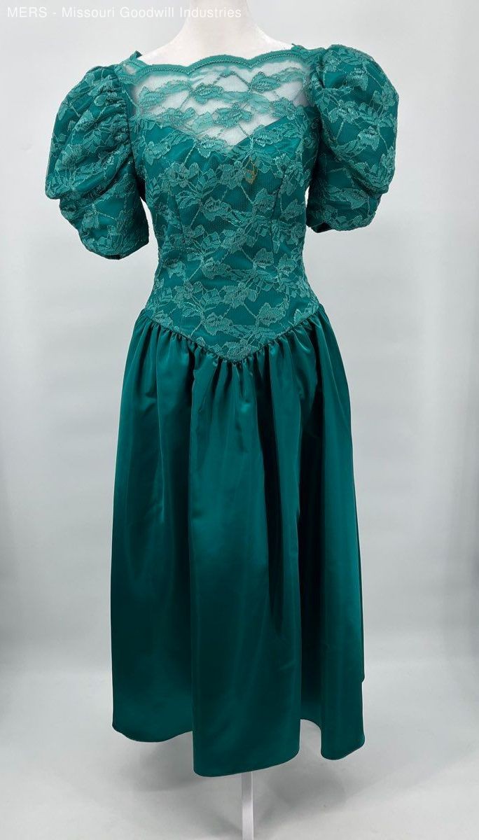 Womens Teal Lace Puff Sleeve Bow Back Dress Gown Formal Size 5 6