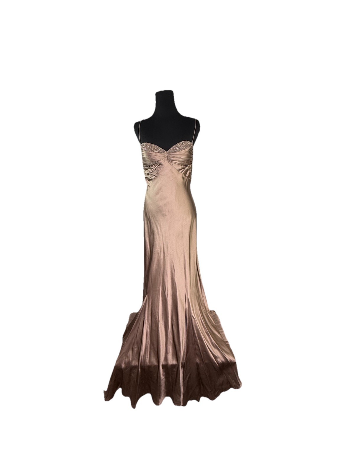 Vtg Niteline Brown Taupe Silk Gown Beaded Bust Empire Formal Evening Wedding EUC