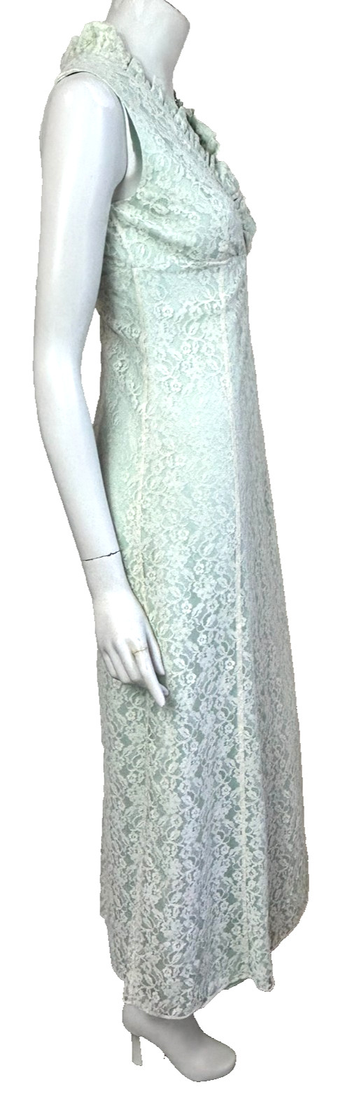50s Lace Column Dress Size S Aqua Ruffle Sleeveless Lined Ruffle Empire Vintage