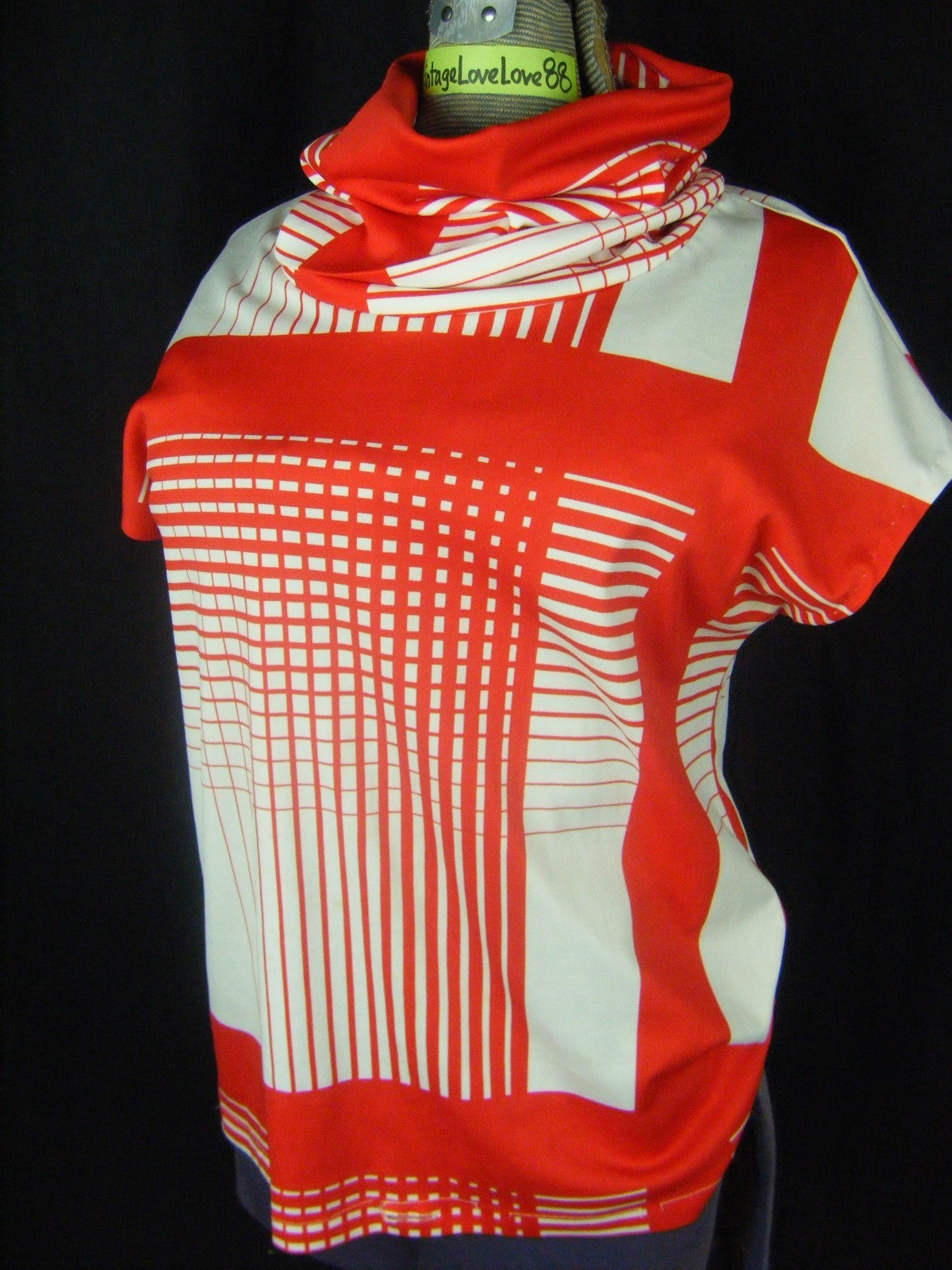 Vintage 60-70s Red White High Neck Collar Mod Printed Knit Top-Bust 35/2XS-XS