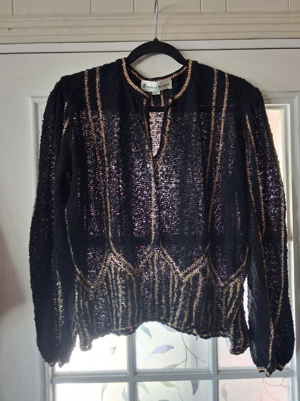 vintage crochet & Loomed By Hand Black And Gold, Wool, 1940&rsquo;s, Sweater SZ XXL