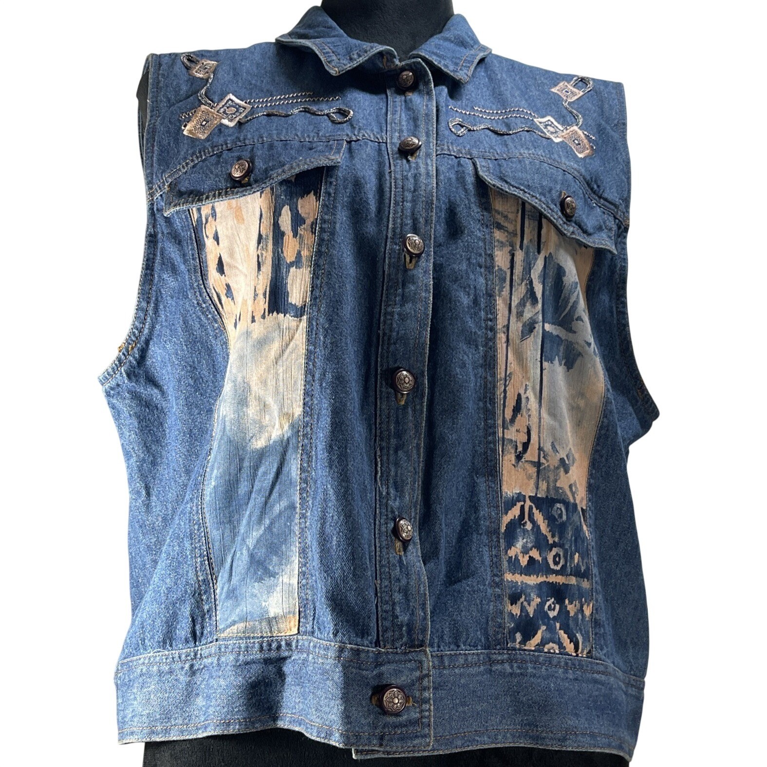 Saint Germain Vintage Denim Vest Batik Panels Blue L southwestern USA earthy