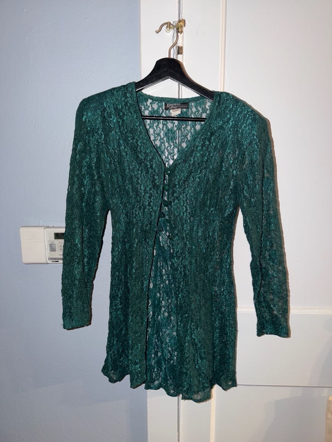 Vintage Dawn Joy Fashions Emerald Green Lace Long Sleeve Button-Front Jacket