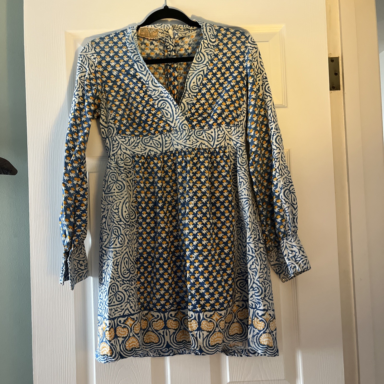 Vintage 70s India Imports of Rhode Island blue block print Empire Waste V Neck S