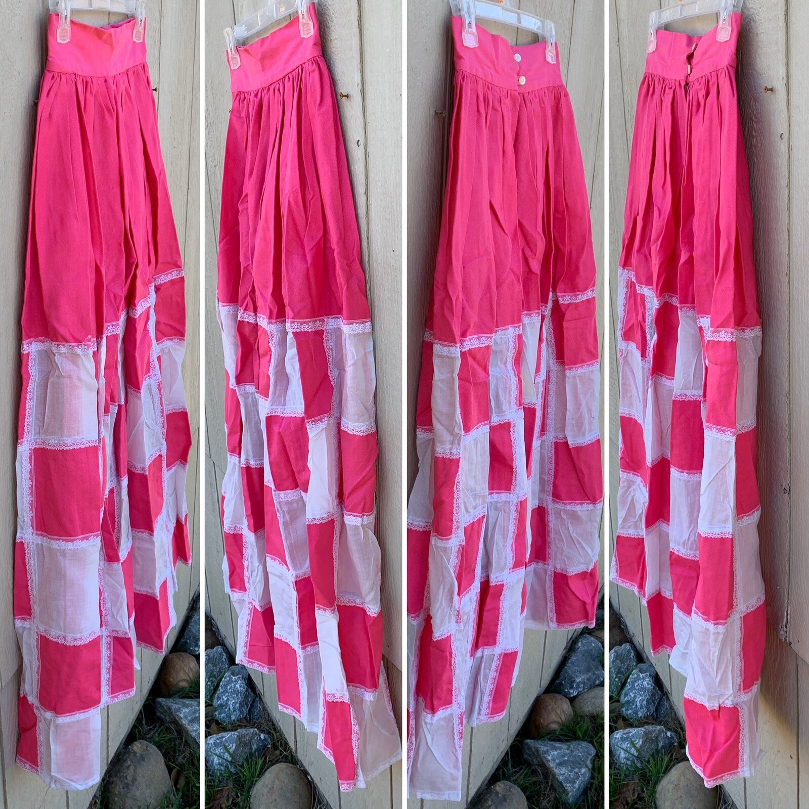 Vintage Marianne Pink & White Patchwork W/ Lace Maxi Skirt Hippie Boho 26” Waist