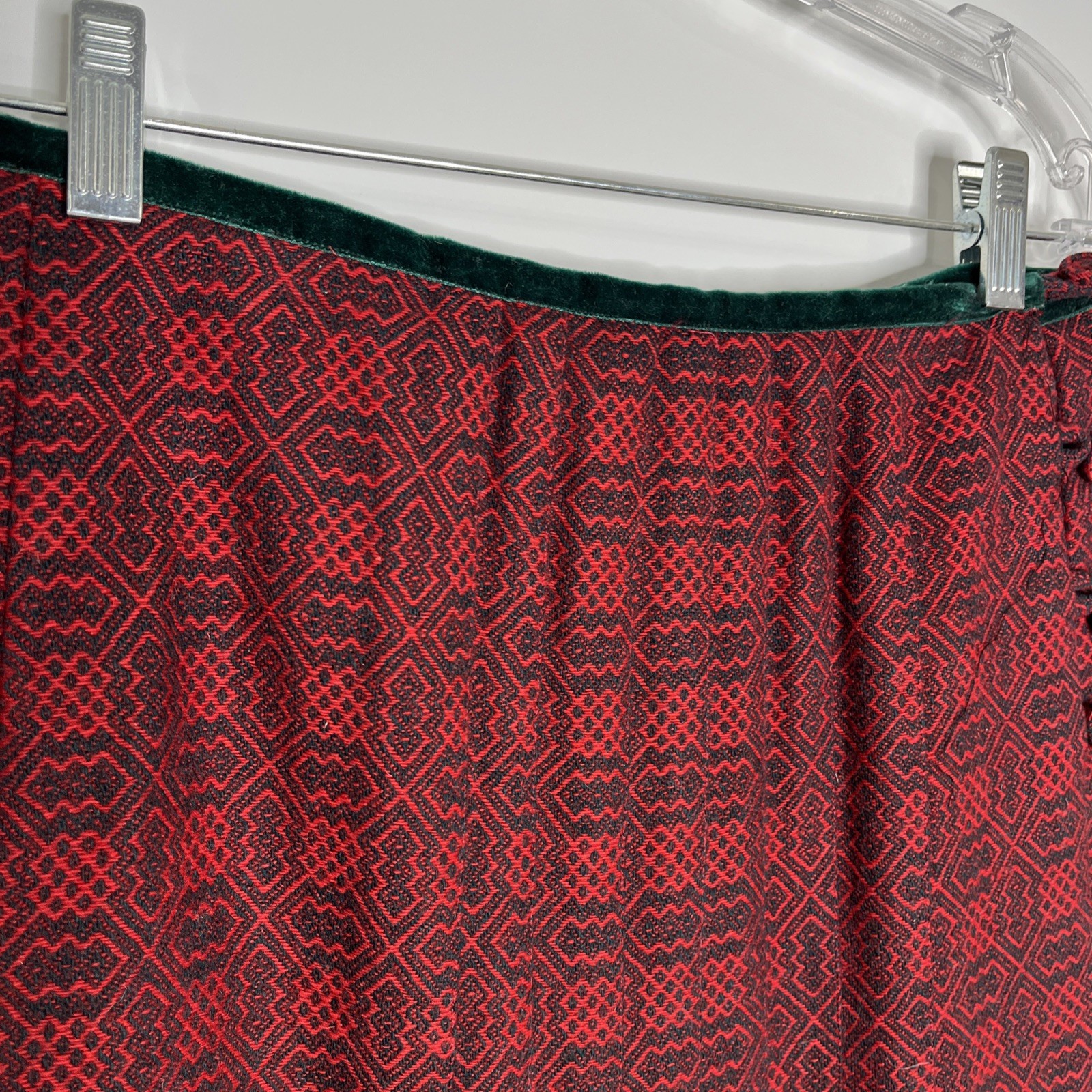 Vintage Cullinane Holiday Red Green Long Wool Pleated Skirt w/Velvet Trim Sz. 12