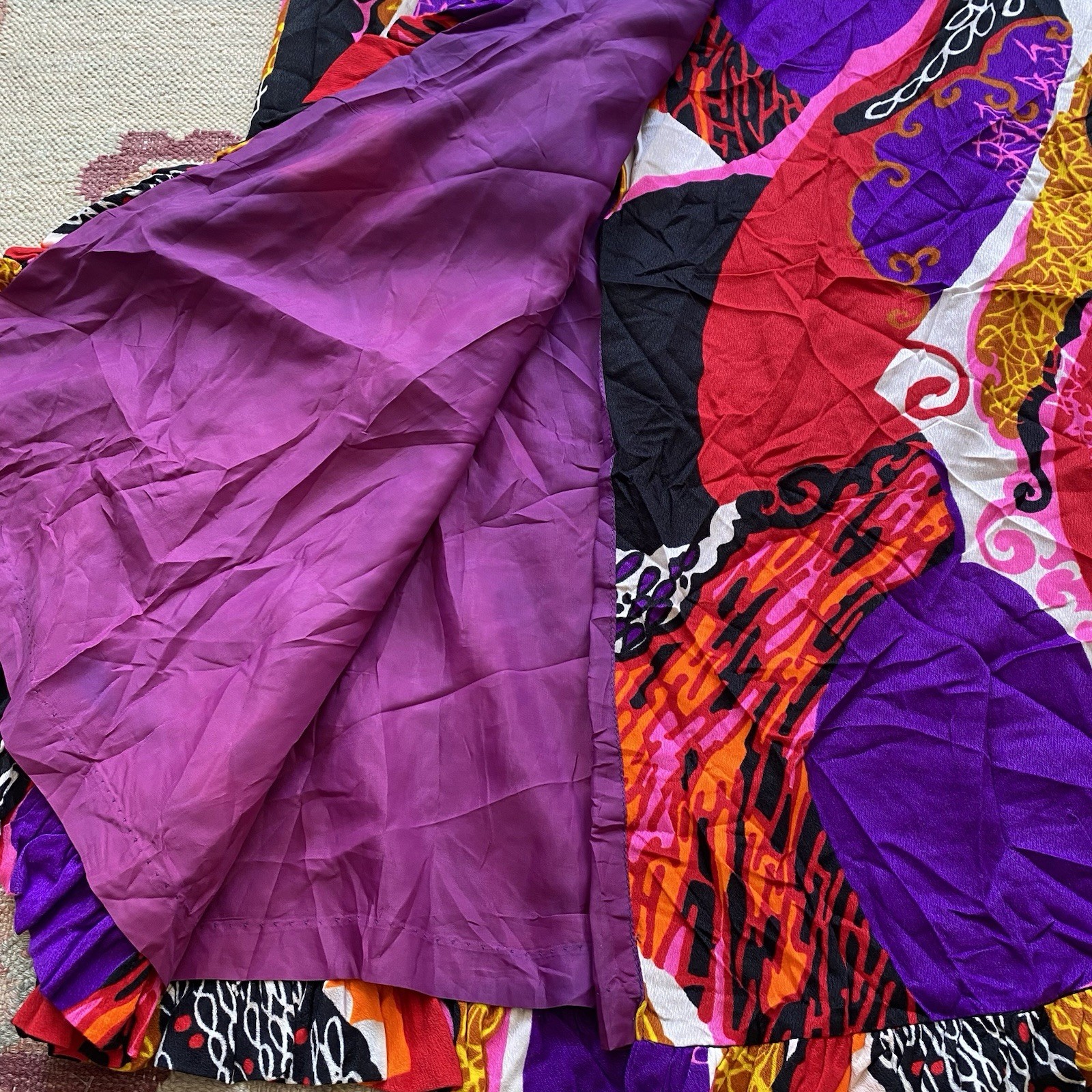 Vintage 70s Barkcloth Maxi Wrap Skirt Pink Purple Psychedelic 26 Waist Ruffle