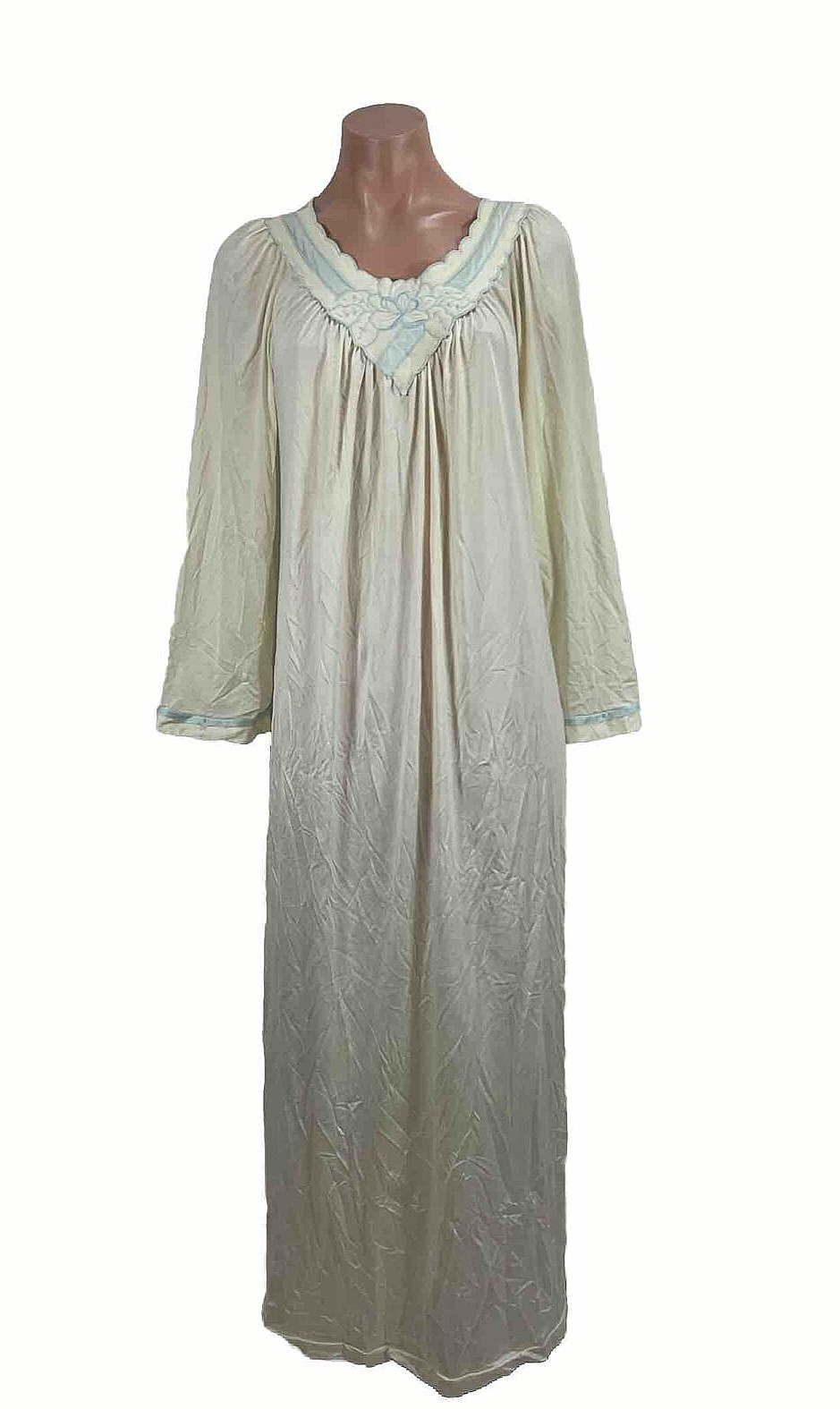 Vtg 70s Shadowline Ivory Blue 3/4 Sleeve Nightgown Rose Applique Long Sz S