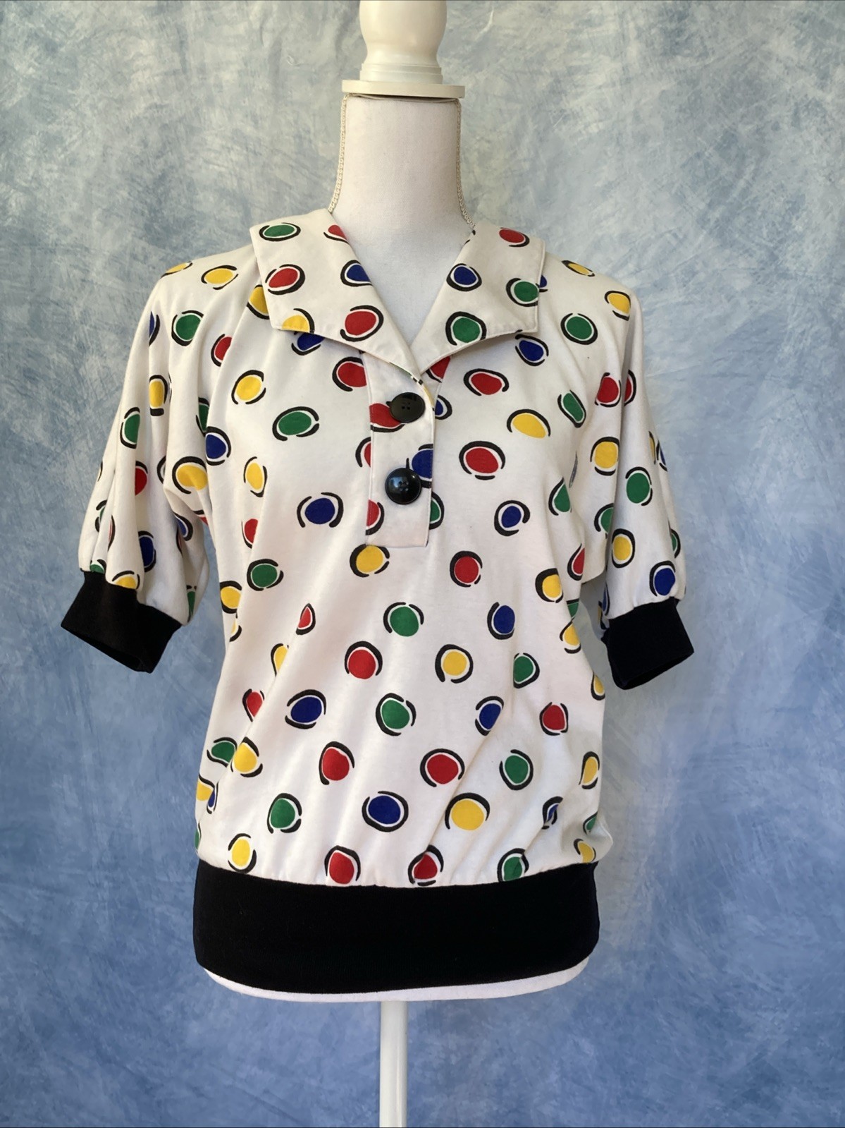 Vintage 1980s Peter Popovitch Women’s Shirt Colorful Circles Black Bands Buttons