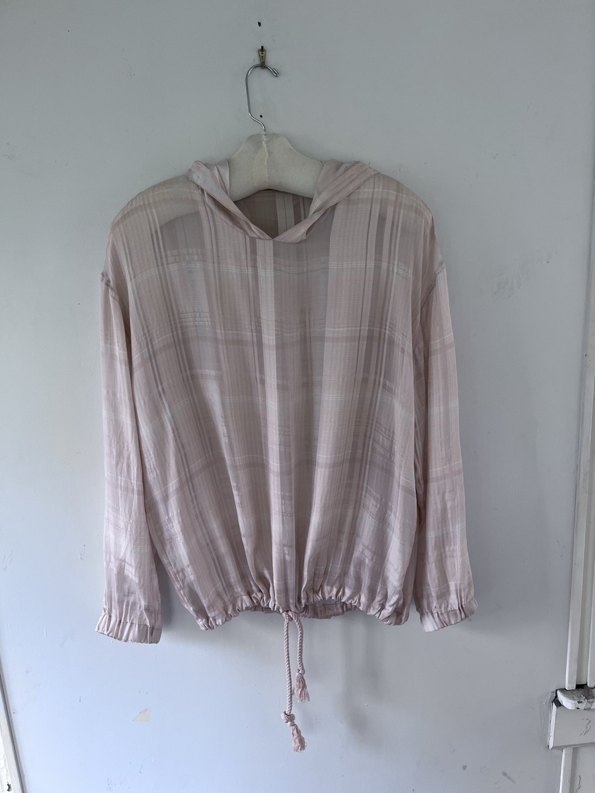 Stella McCartney Palest Pink Blue Plaid Silk Semi Sheer Drawstring Hoodie Sz 46