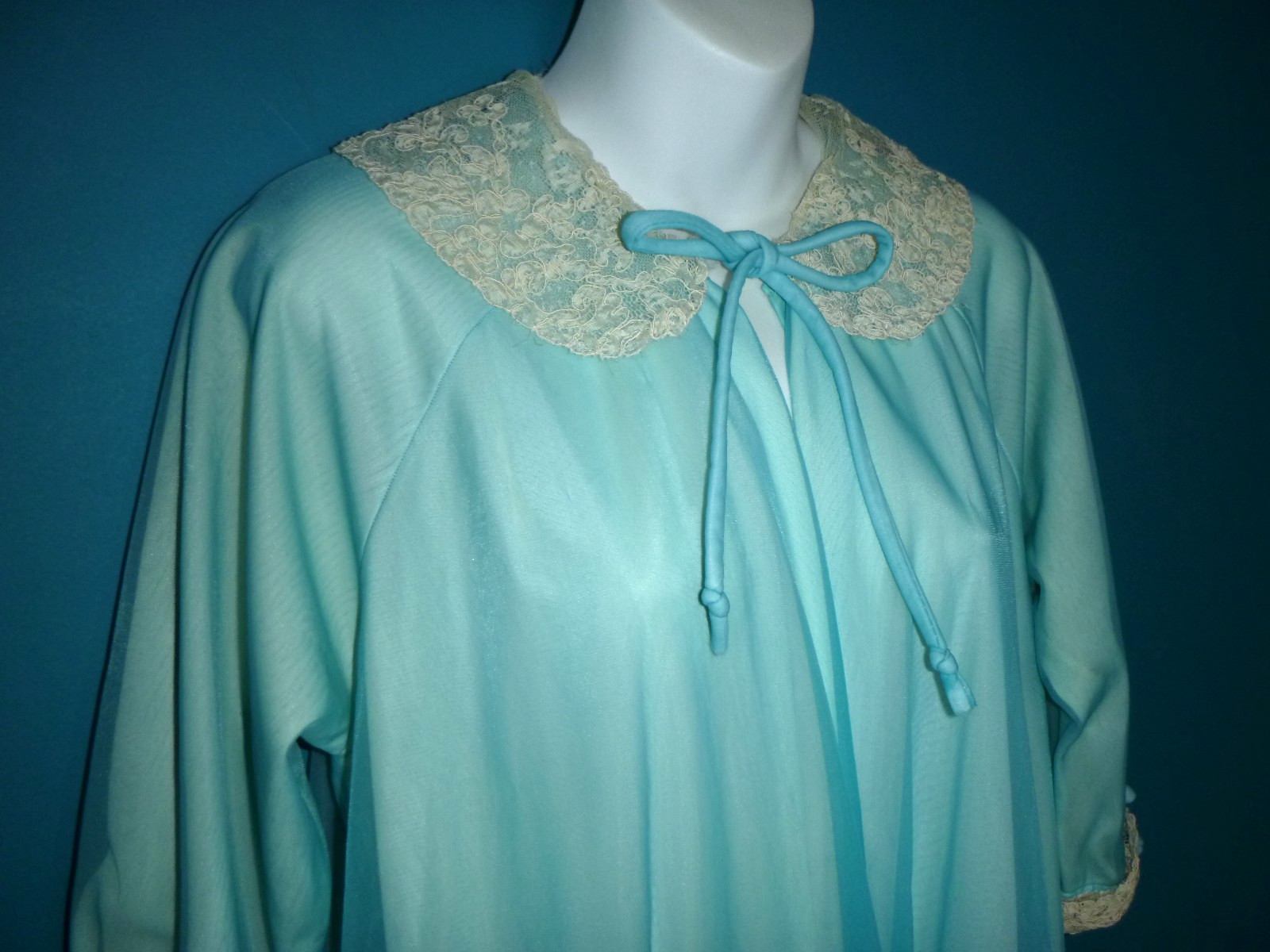 Vtg 50s Odette Barsa 2 Layer Chiffon Over Nylon Robe Turquoise Off White Sz M