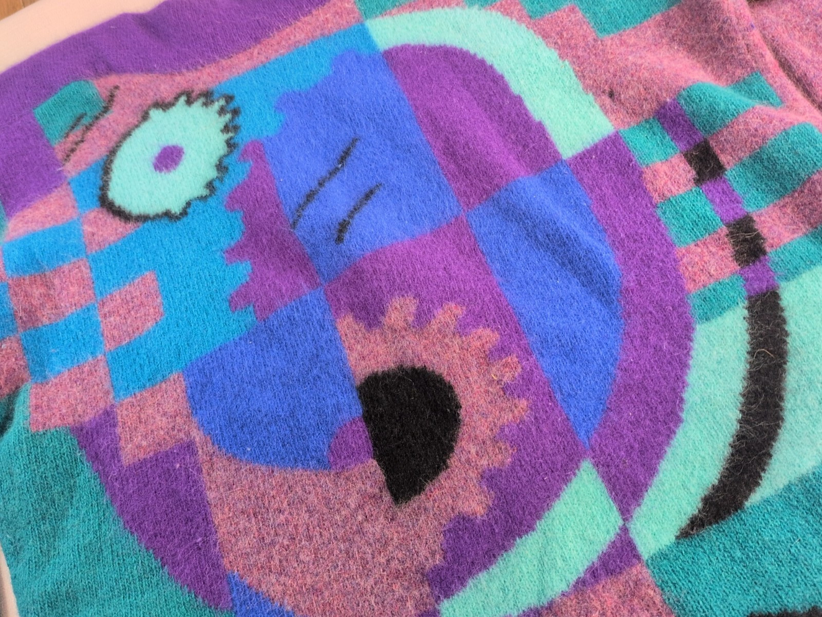 Vintage Wool Sweater Angora Rabbit Fur Abstract Purple 1991 Joy+Fun Hong Kong