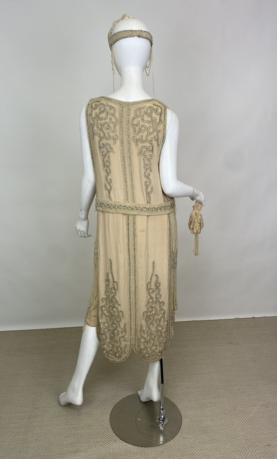 Real Antique 1920s Flapper Wedding Gown Train Headpiece Pearls Rhinestones