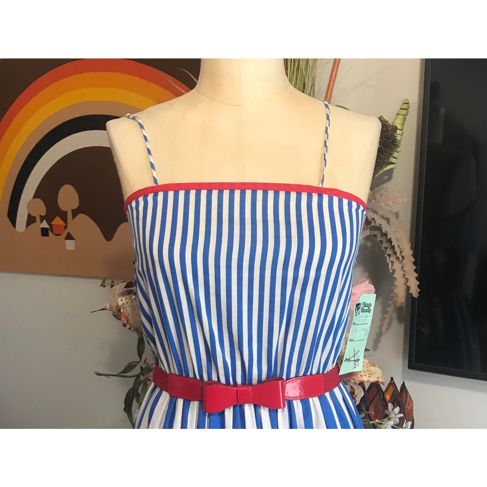 1970s Striped Sun Dress Blue Red Yellow Cotton Spaghetti Strap Flared Midi