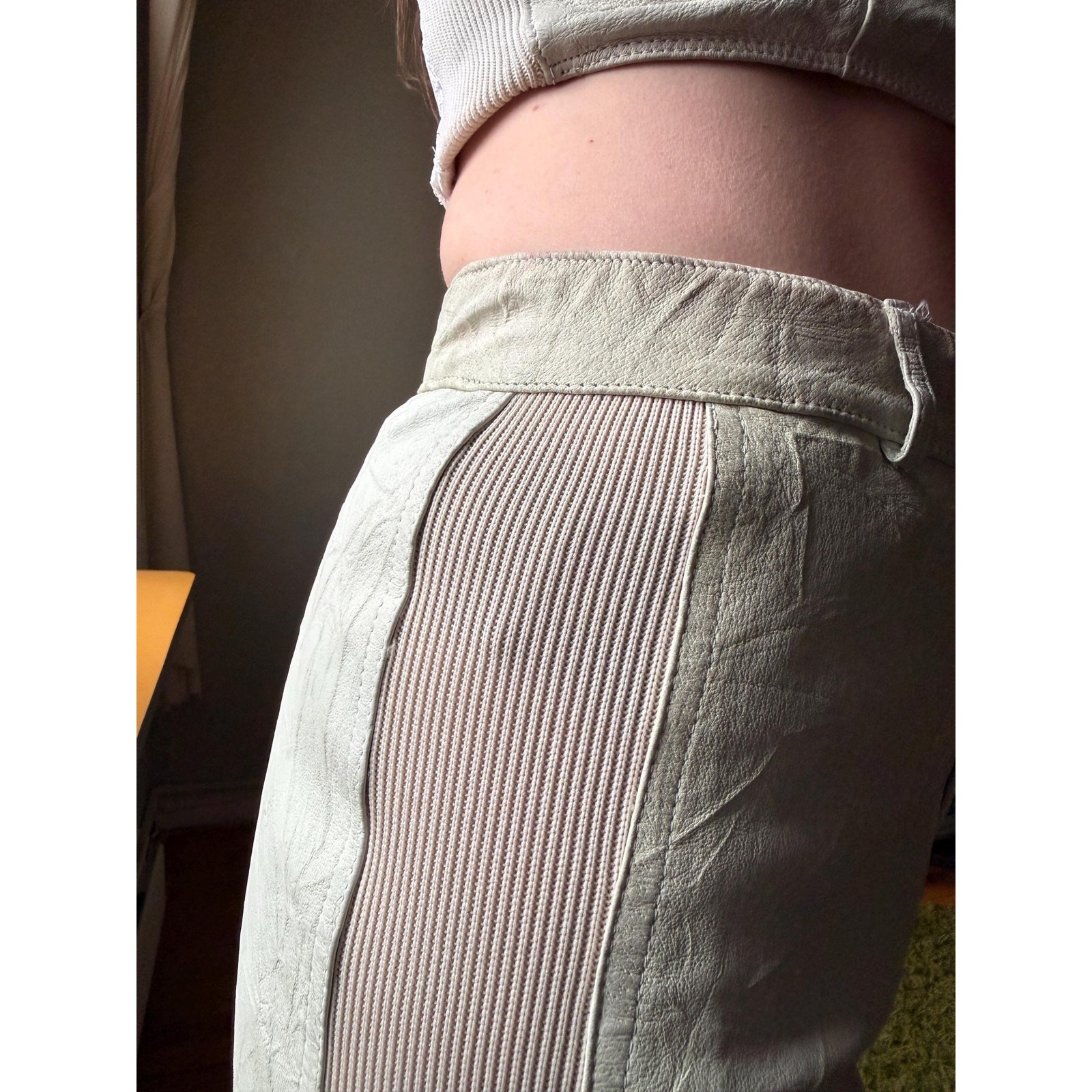 Vintage 90s Leather 2 Piece Set | Corset Crop Top + High Waist Pants | Cream | M