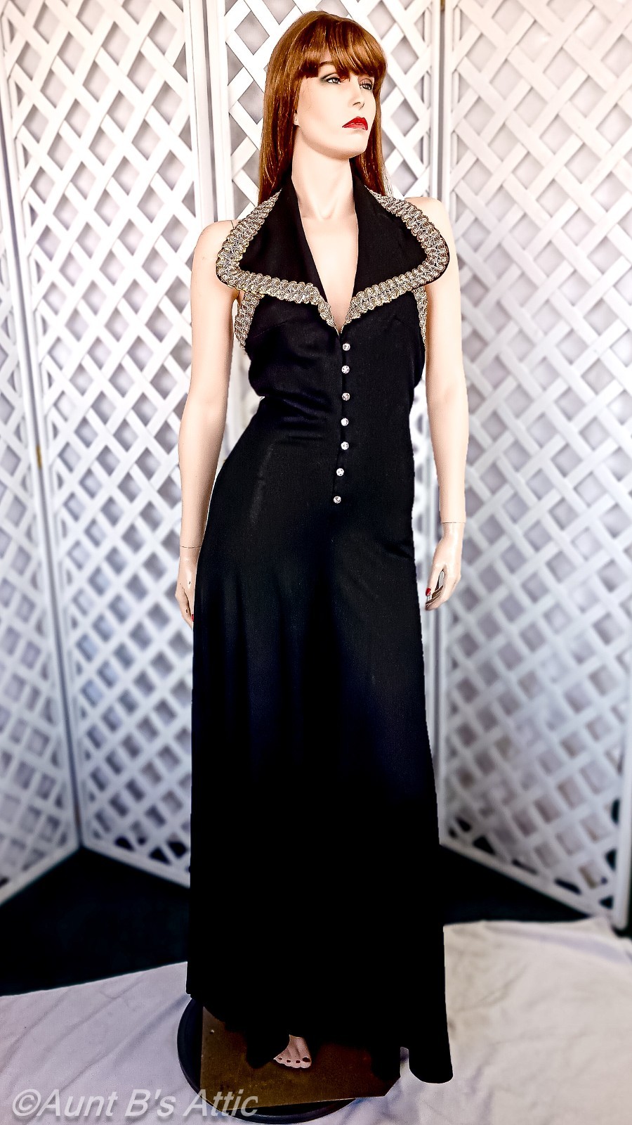 Sexy Vintage 70&rsquo;s « Funky » Ladies Blk Acetate Wide Palazzo Leg Halter Jumpsuit XS