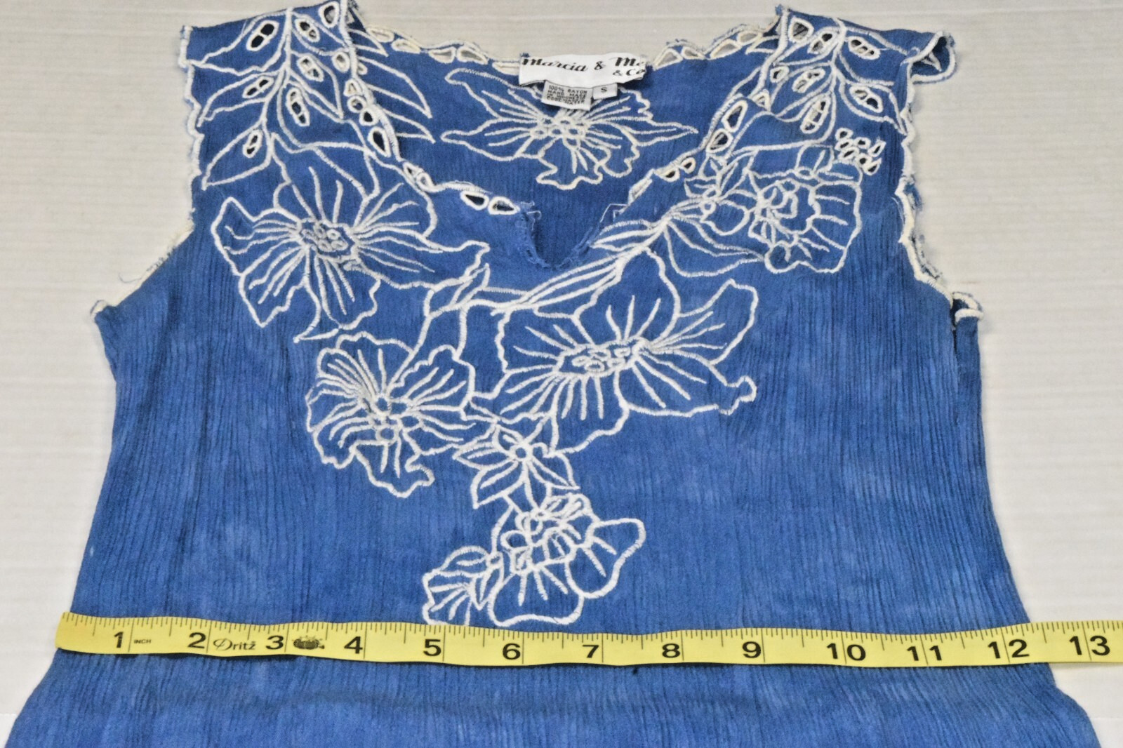 Vintage Dress Marcia and Me Size S 90s Ocean Blue Rayon Crinkle Embroidered Trim