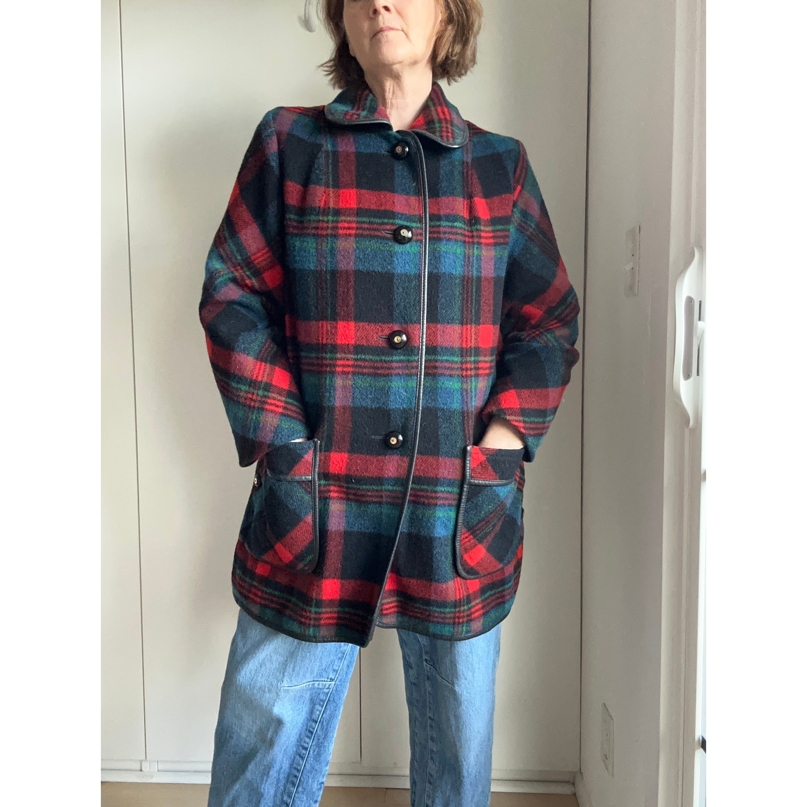 Womens Wool Plaid Coat M Made USA Equestrian Country Side Classic Mod Preppy
