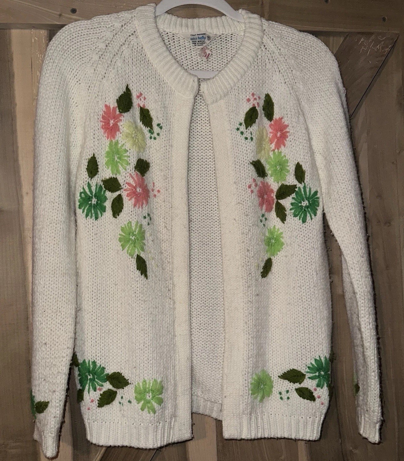 Vintage Women&rsquo;s Miss Holly 60s White Floral Embroidered Cardigan Sweater Small