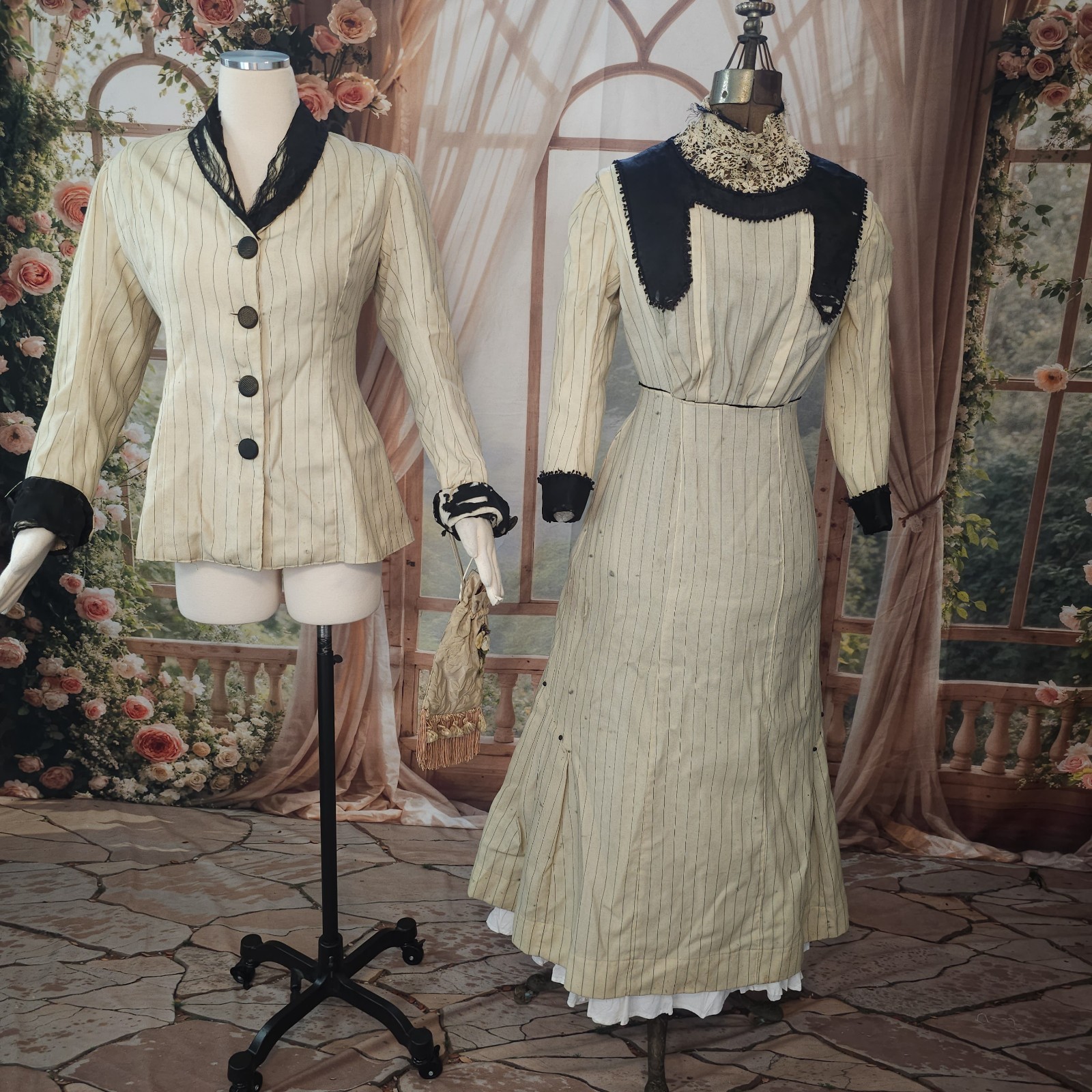 Antique Walking Suit 2 Pc Cream Pinstripe Purse Dress Black Trim Blazer Jacket