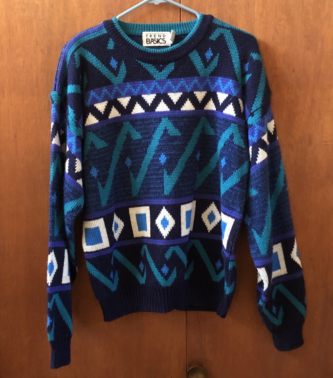 Vintage Trend Basics Blue Black Green Teal Cosby Geometric Acrylic Sweater Med