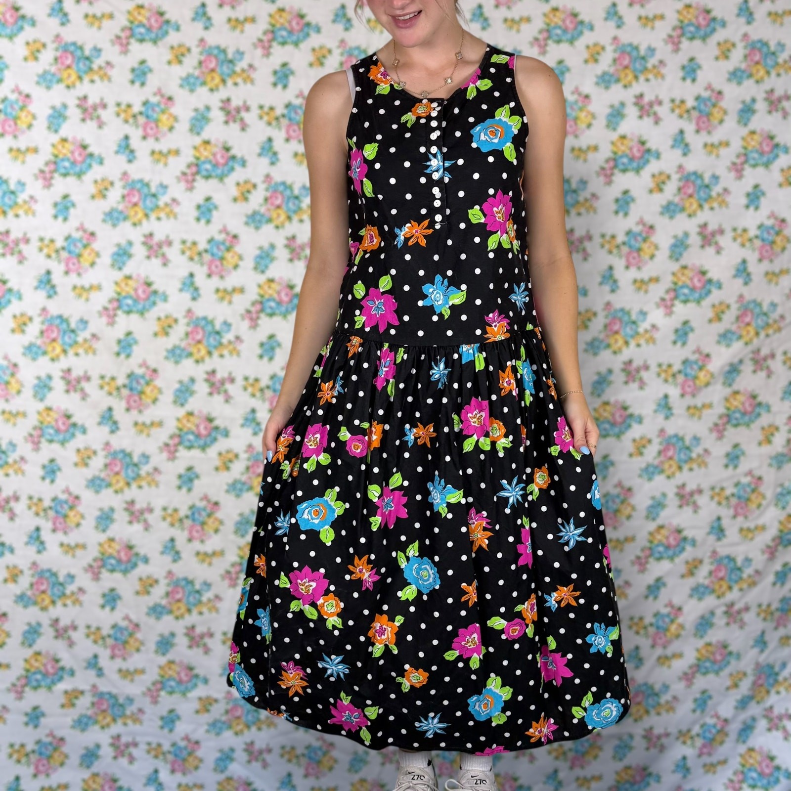 VINTAGE Fritzi 80S POLKA DOT sleeveless midi dress
