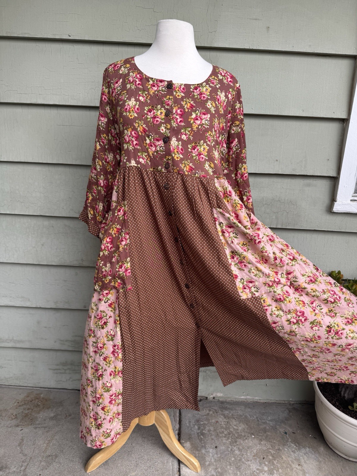 Vtg 90’s April Cornell Patchwork Cottagecore Grunge Dress Pink Brown Floral XXL