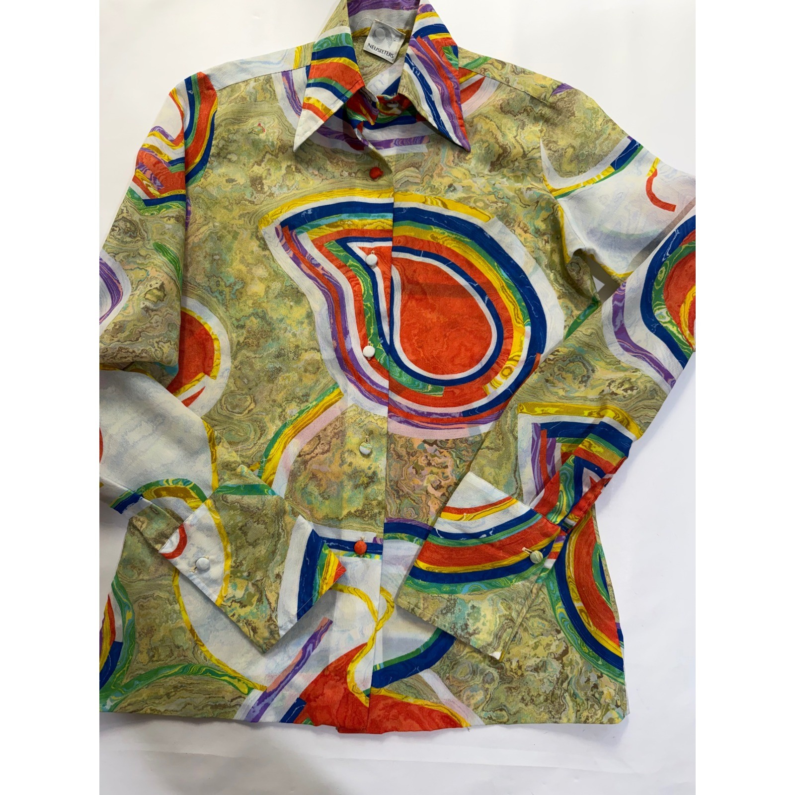 Vintage 70s Psychedelic Marble Print Button Front Blouse Mod