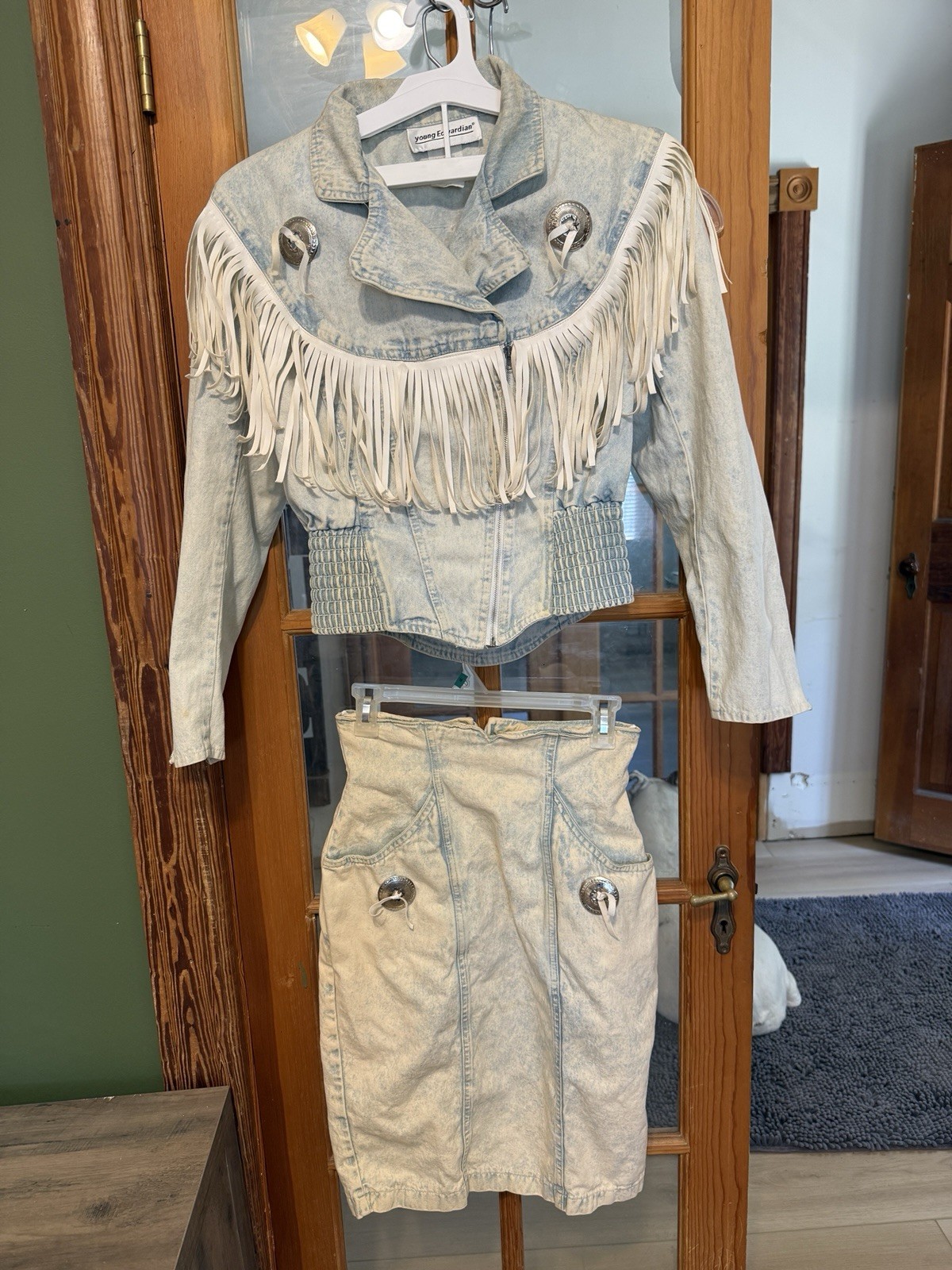 Rare Vintage 1970s Young Edwardian Denim Jacket With Leather Fringe & Conchos 7