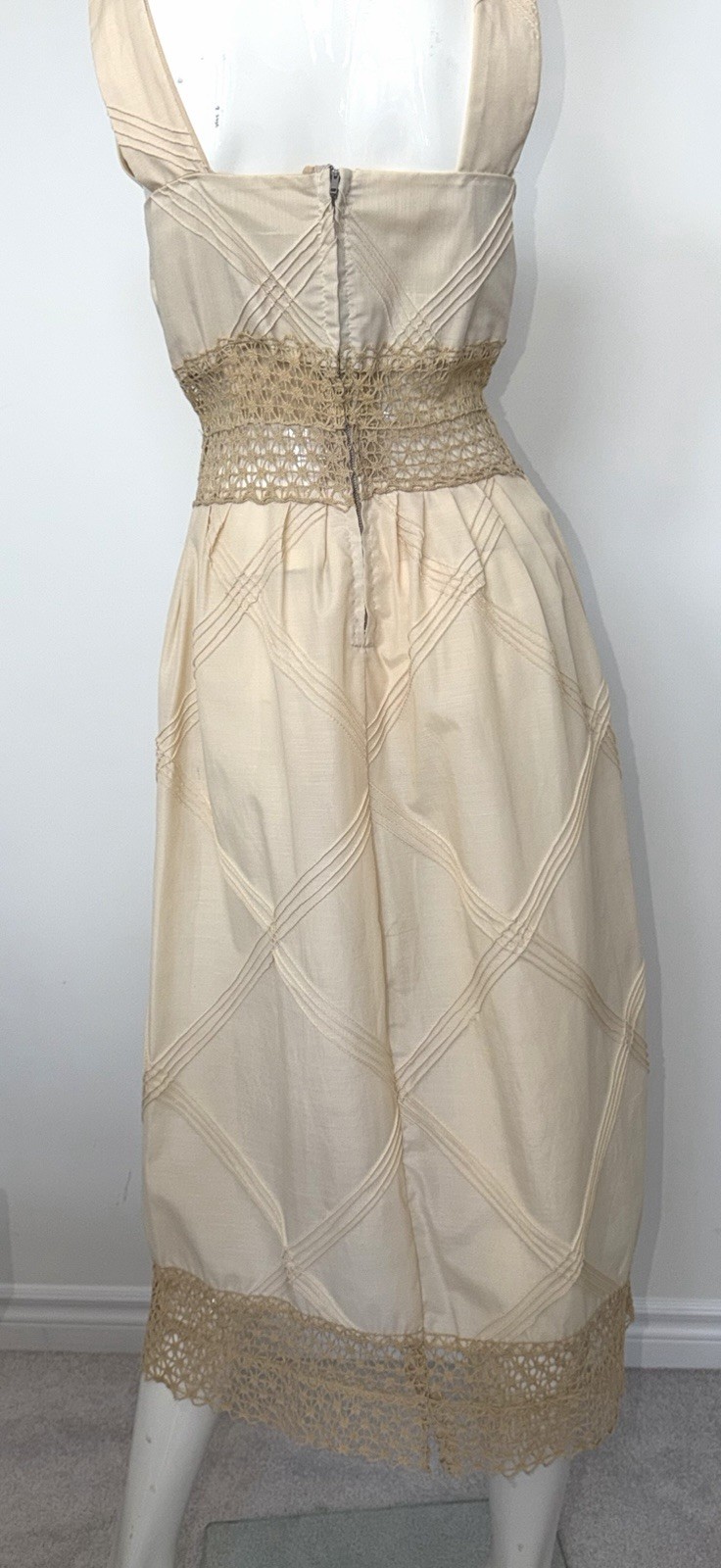 Vintage 1970s Mexican Embroidered Festival Cream Prairie Crochet DRESS
