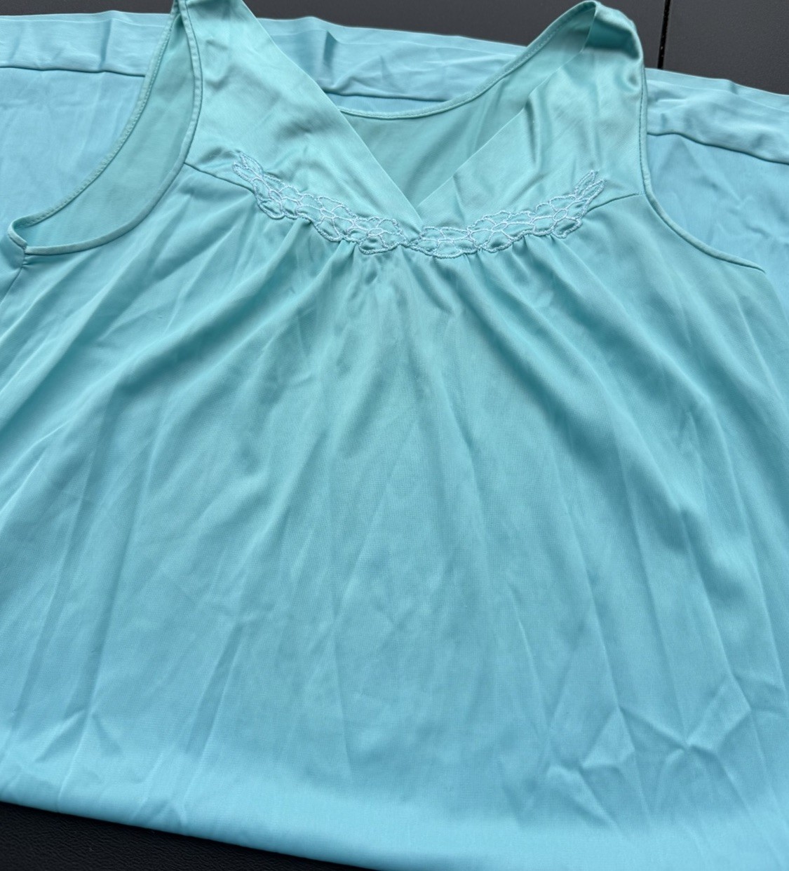 Vtg Vanity Fair Nightgown Medium Aqua Blue Nylon Tricot Quilted Floral Applique