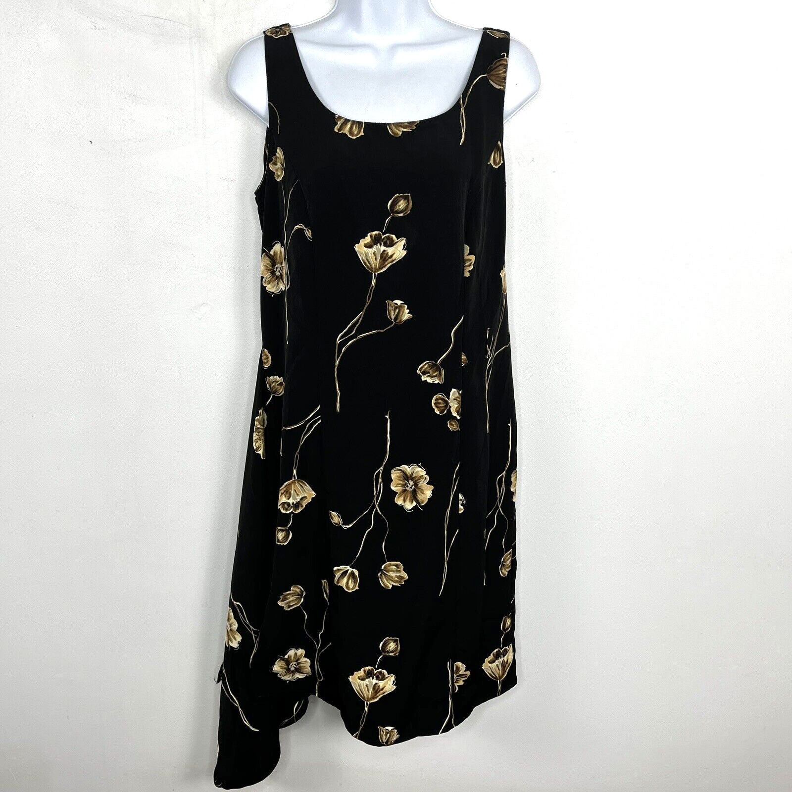 Basic Editions Sun Dress Sz 6 Black Floral Asymmetrical Hem 80s 90s Y2K VINTAGE