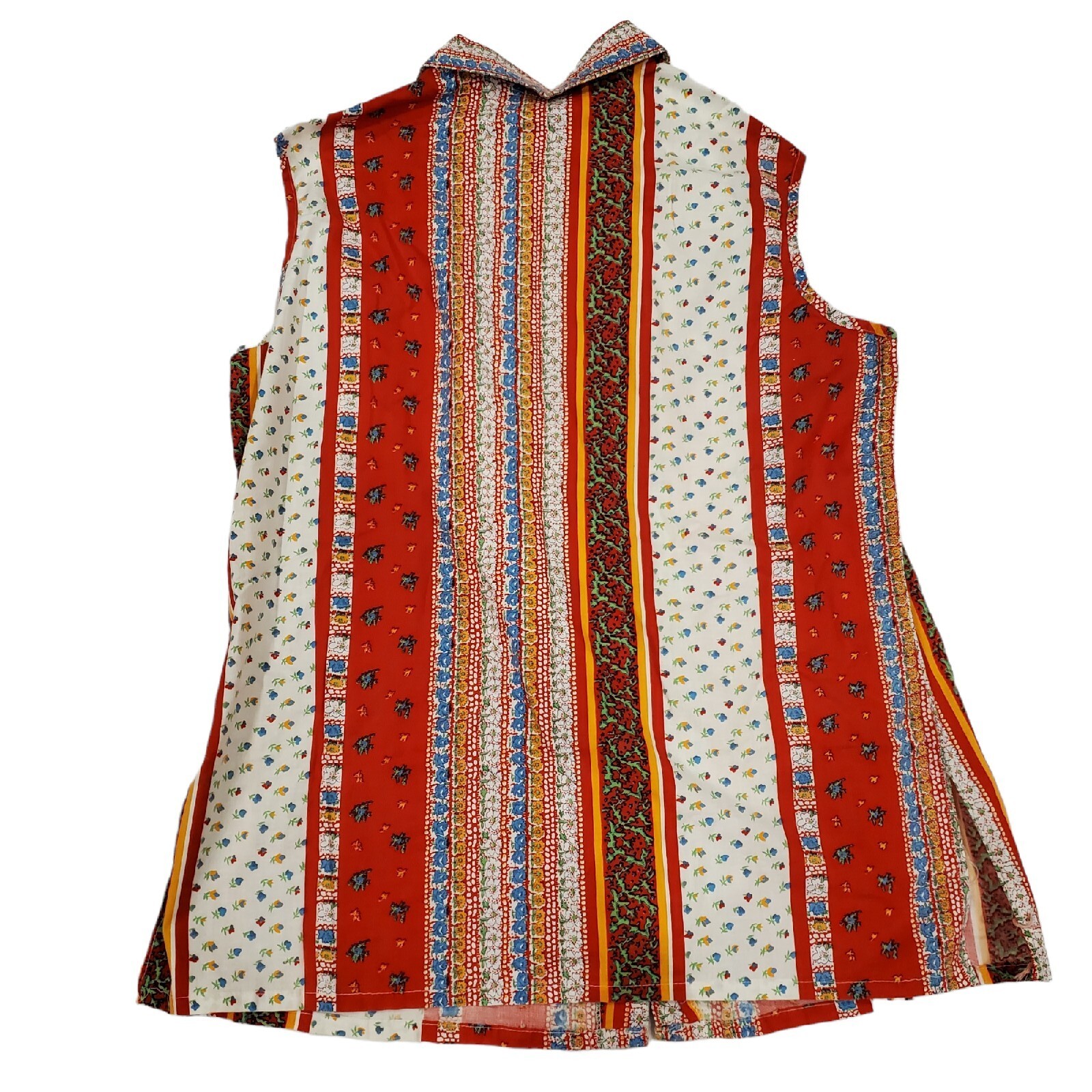 Vintage 70s Red Boho Belted Tunic Collared Smock Sleeveless Floral Shirt L/XL