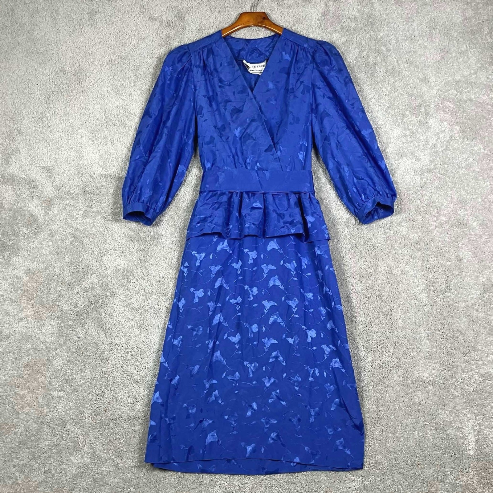 Vintage 80s Jackie Taub for Connections Blue Floral Jacquard Peplum Dress 6