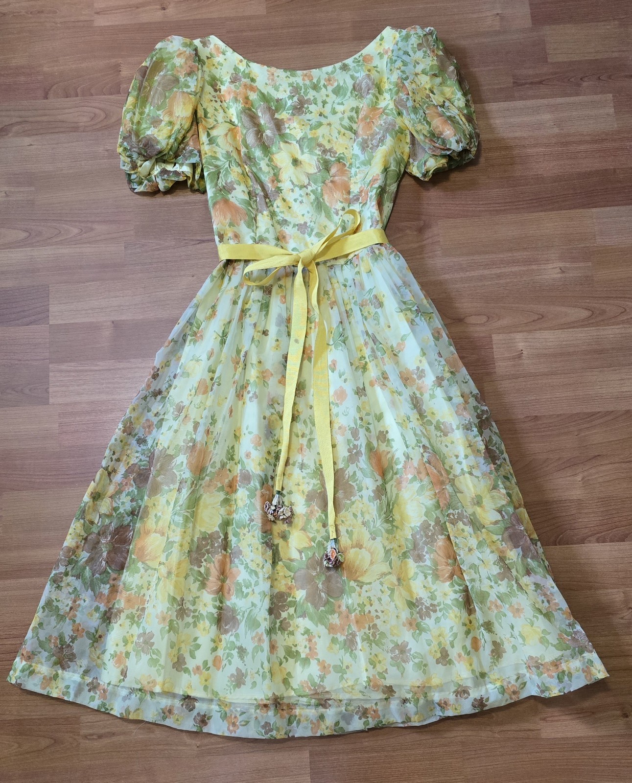 Vintage 1970s Handmade Floral Prairie Dress XS Yellow Puff Sleeve Cottagecore