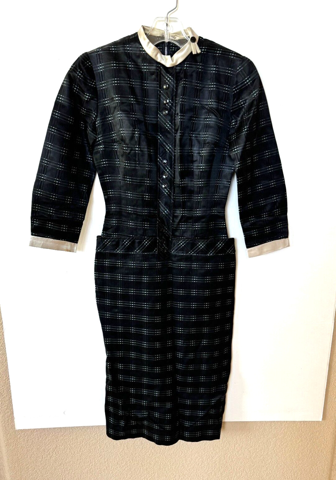 VTG 60s Lilli Rubin Party Secretary Wiggle Dress Black Taffeta Satin XS/S Black