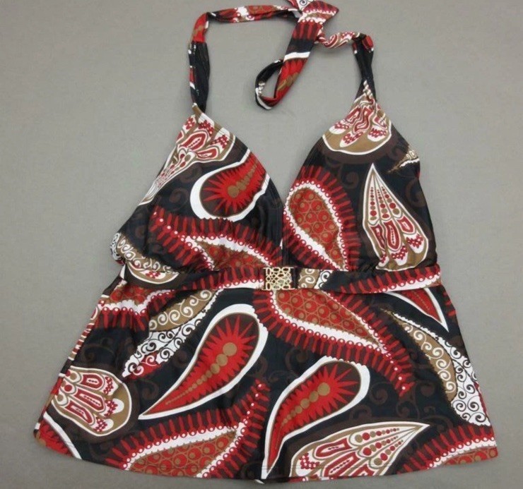 Vintage Tankini Top 2X (18W/20W) Red Black Paisley Wireless Soft Cups Retro NEW!
